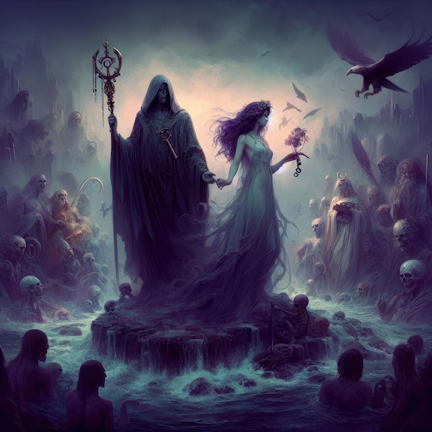 Hades and persephone dark mythology illustration halloween background