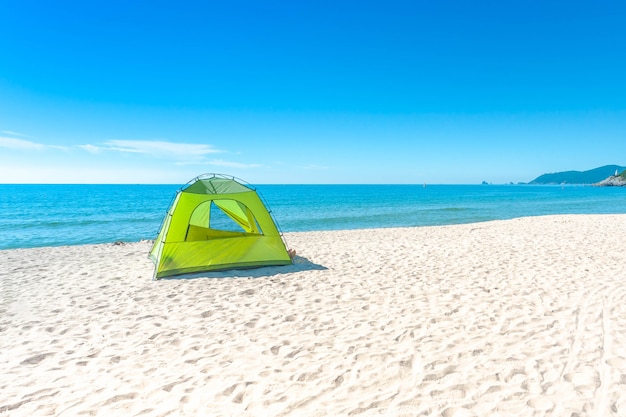 Haeundae beach and camping on sun daylight relaxation landscape in summer at Busan in Korea.