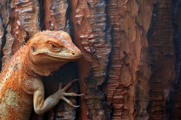 Hagedis die huid afwerpt op getextureerde schors gemaakt met generatieve AI