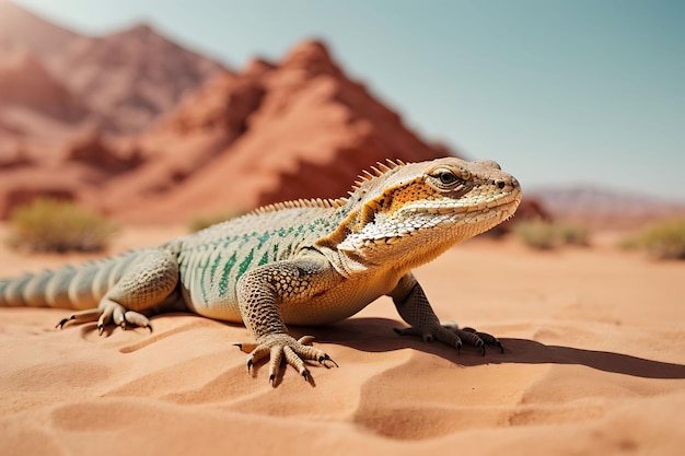 Hagedis in de woestijn op het gele zand Reptiel in de woestijn