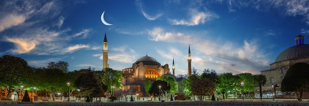 Hagia sophia mosque under the sky with a young moon in the early morning istanbul turkey