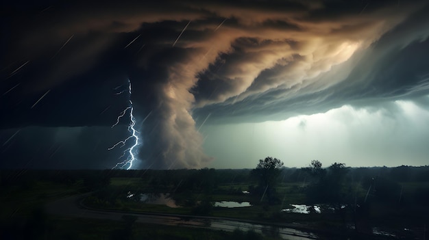 空に重い雲が浮かぶ地平線の雹の嵐