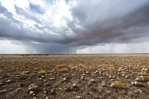 Hailstorm passing over a deserted landscape with the clouds and sky visible