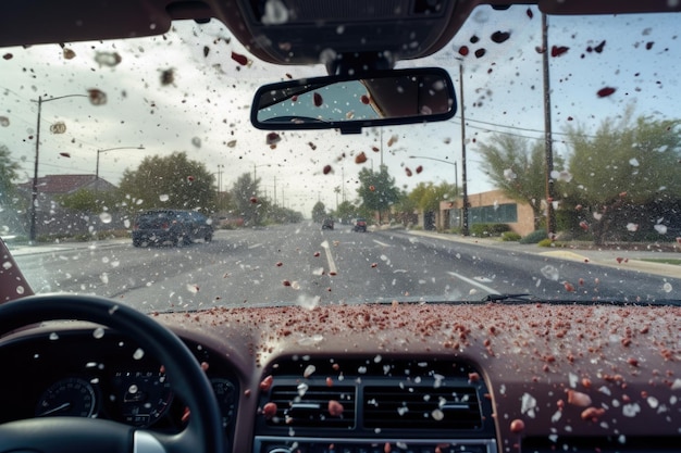 Hailstorm pelting a car windshield created with generative ai