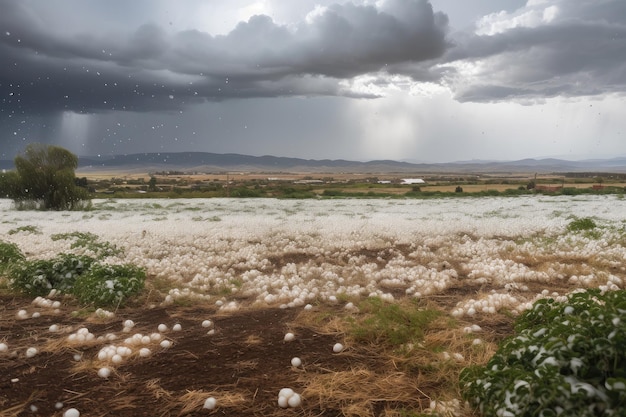 Hailstorm with view of the storm and its aftermath visible in the background