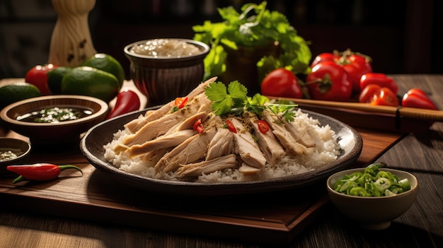 Hainanese chicken rice is a dish of poached chicken and seasoned rice