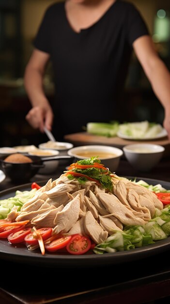 Hainanese chicken rice is a dish of poached chicken and seasoned rice