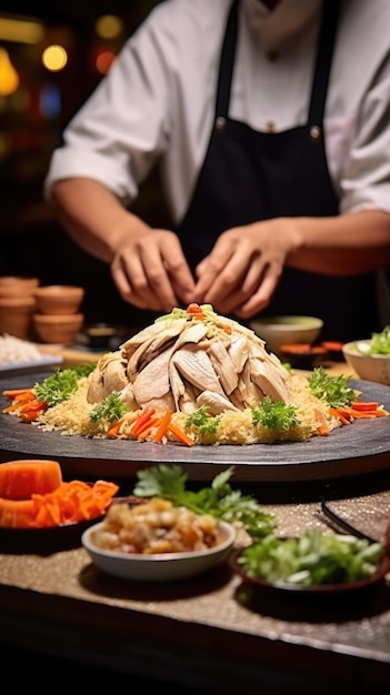 Hainanese chicken rice is a dish of poached chicken and seasoned rice