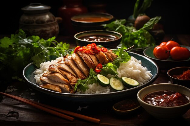 Hainanese chicken rice serve with spicy dipping sauce and clear soupGenerative AI