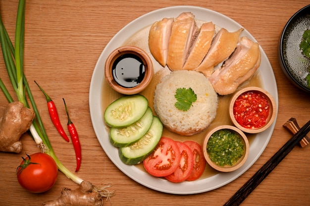 Photo hainanese chicken rice with chilli sauce soybean sauce potato and cucumber slides in a plate