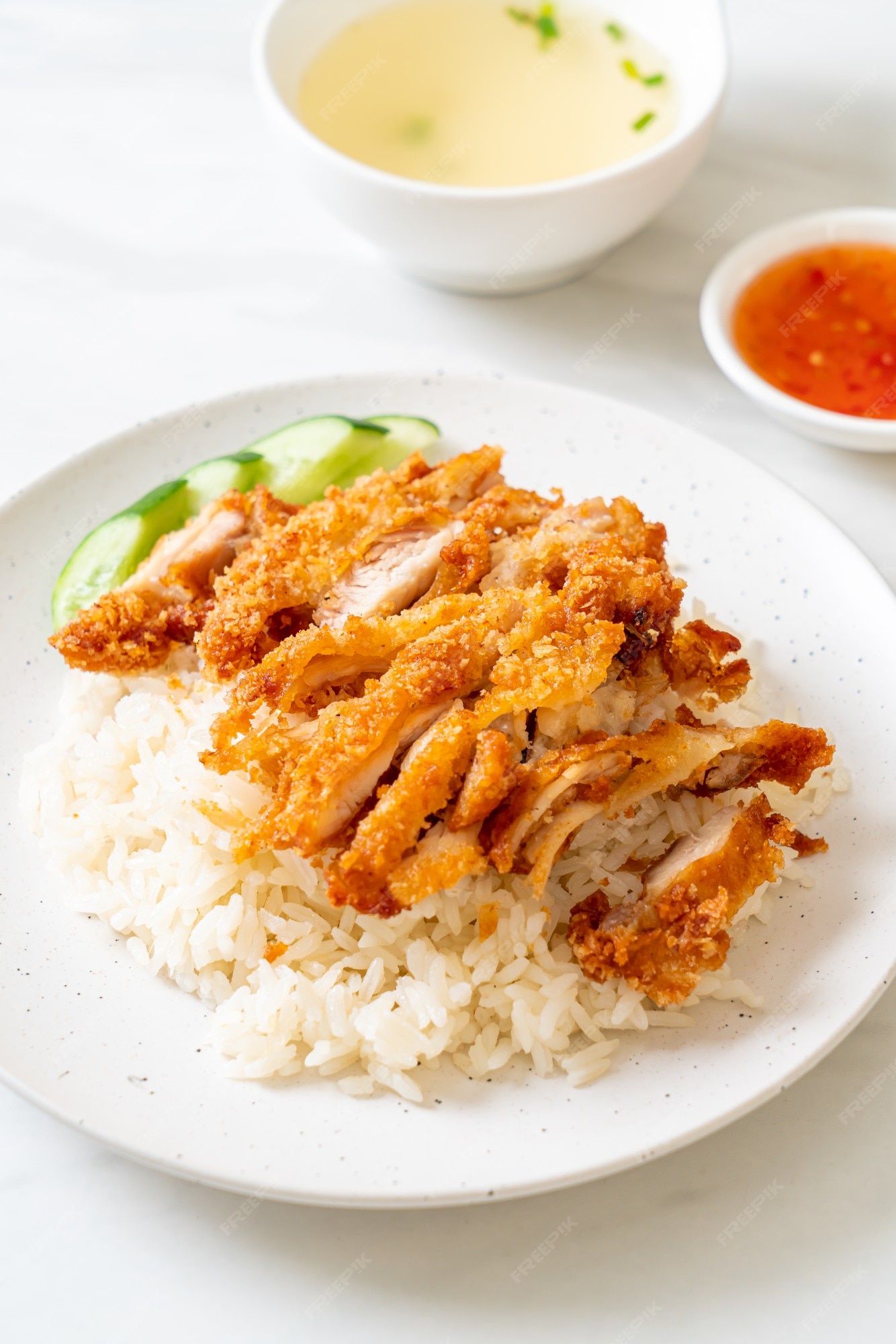 Premium Photo | Hainanese chicken rice with fried chicken or rice ...