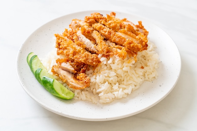 Hainanese chicken rice with fried chicken