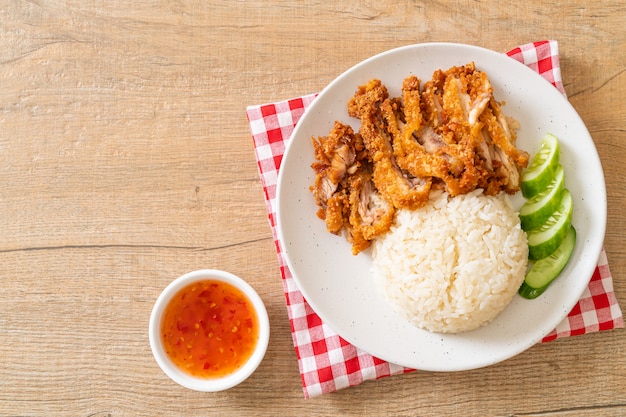 Hainanese chicken rice with fried chicken