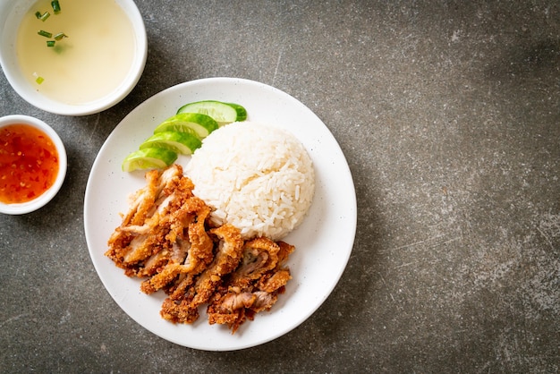 Hainanese chicken rice with fried chicken