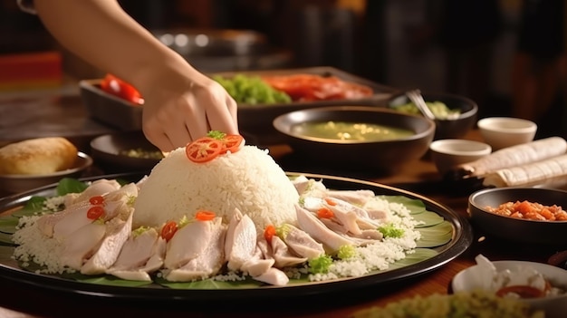 Hainanese kiprijst is een gerecht van gepocheerde kip en gekruide rijst