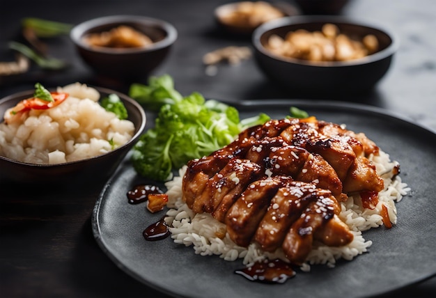 Foto pollo teriyaki hainanese con riso su piatto nero