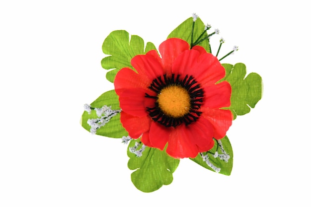 Hair bow with red flower and green leaves