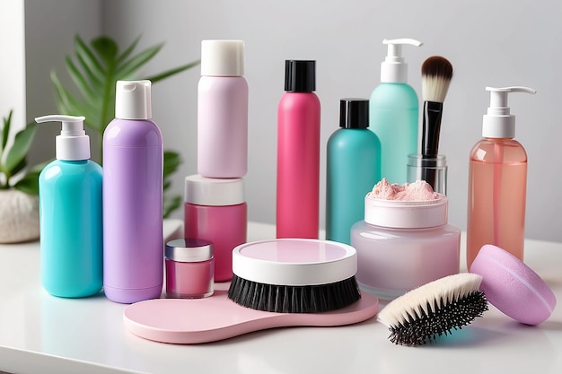 Hair brush and bottles of cosmetic products on table in room