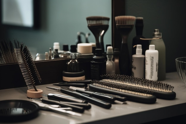 A hair care product sits on a counter with a comb, combs, and other items.