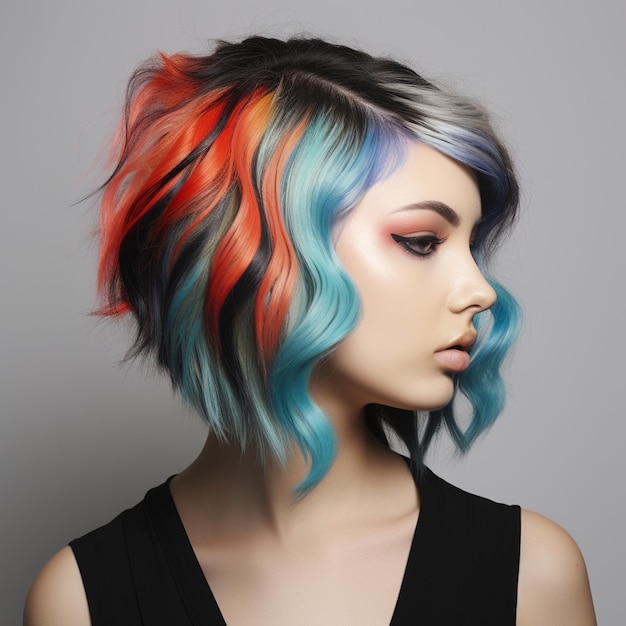 Photo hair color blocking technique and reverse technique with red aqua blue and black