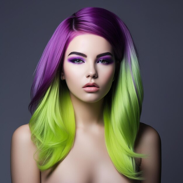 Photo hair color blocking technique with lime green its very bright and purple