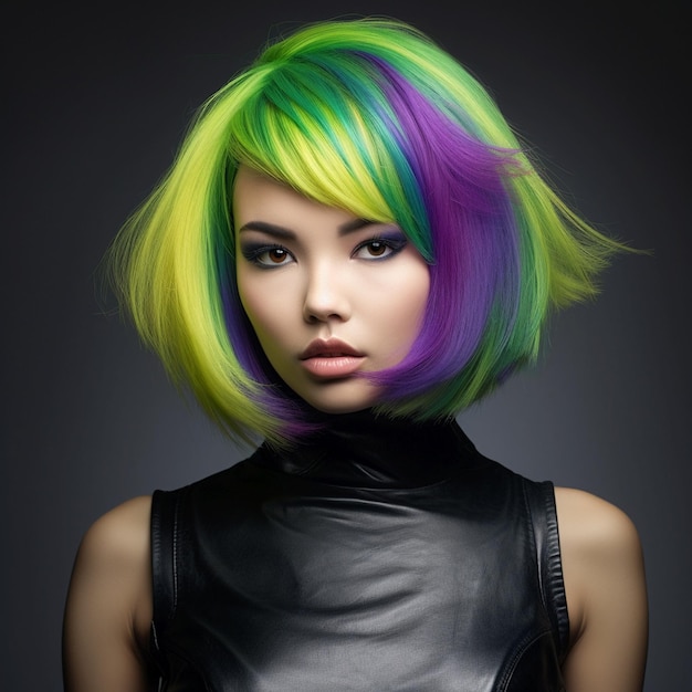 Photo hair color blocking technique with lime green its very bright and purple