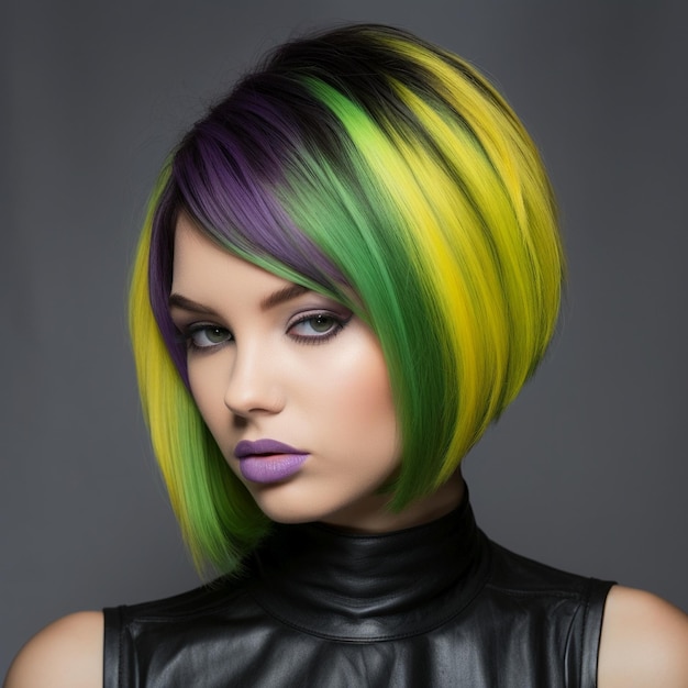 Hair color blocking technique with lime green Its very bright and purple