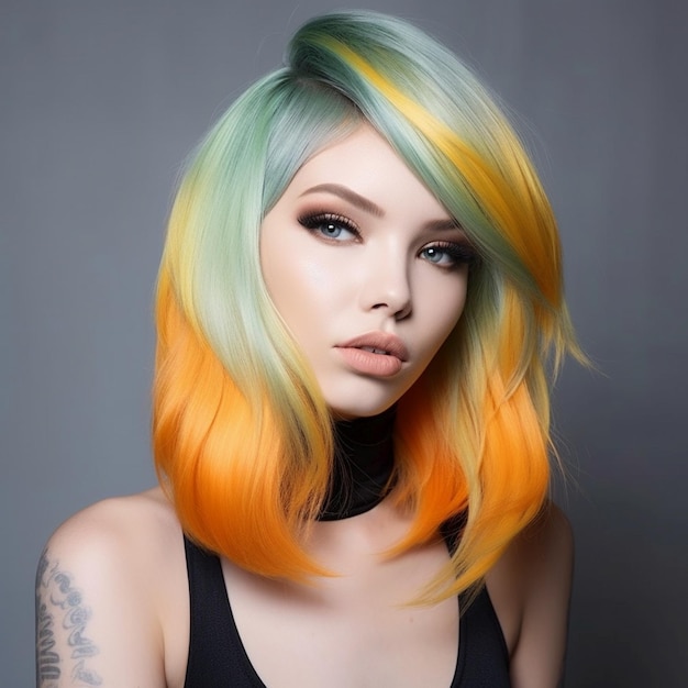Hair color blocking technique with reverse colors lime green peach orange and blue