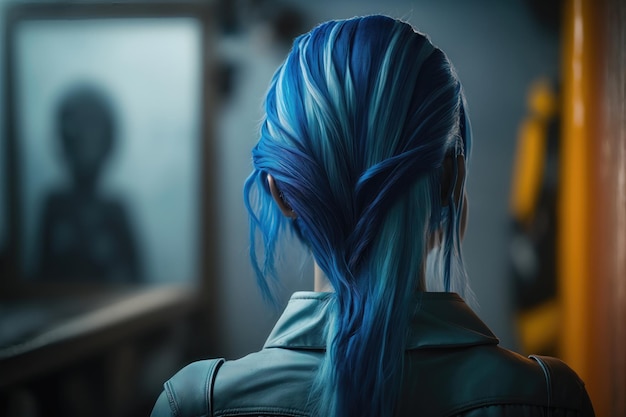 Концепция окрашивания волос разноцветные синие волосы Девушка вид сзади AI Generation