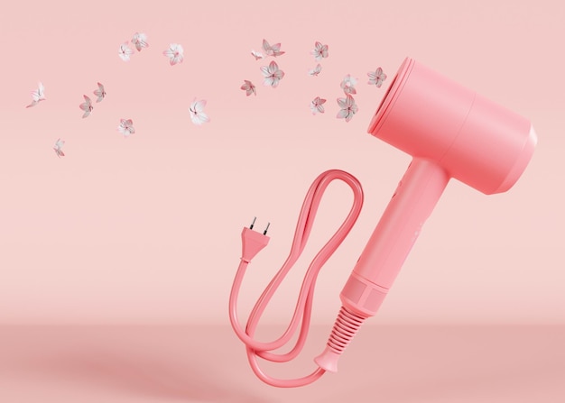 花が飛んでいるピンクの背景にヘアドライヤープロのヘアスタイル ツール美容院サロンや家庭での使用のための現実的なヘアドライヤー髪を乾燥させるためのツール 3D レンダリング