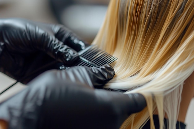 Foto il maestro dei capelli tinge i capelli scuri in biondi in un parrucchiere.