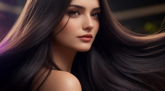 Photo hair product commercial photoshoot of beautiful woman with long shiny hair