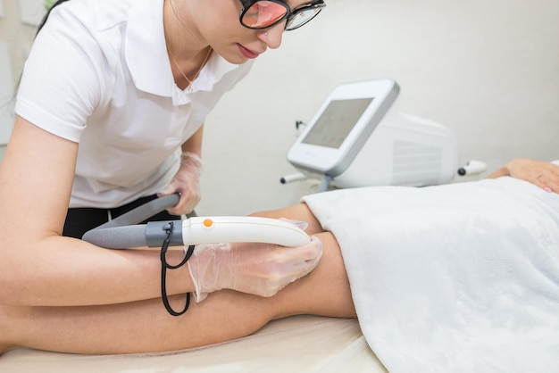 Hair removal on the legs laser procedure at medical clinic\
beautiful smooth female legs in beauty salon spa concept laser skin\
care banner