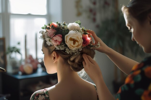 Hair stylist makes the bride a wedding hairstyle with fresh flowers generative ai