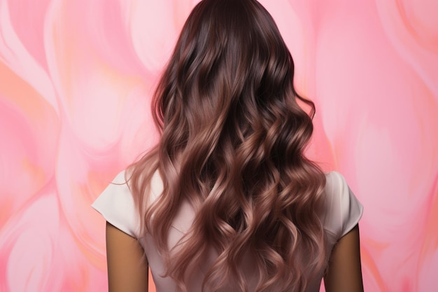 Преобразование волос, вид сзади модели, восстановление блеска, объем, подчеркнутый на розовом фоне