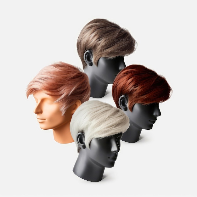 Hair wig over the plastic mannequin head isolated over the white background mockup featuring contemp