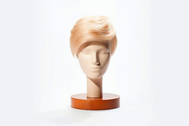 Hair wig over the plastic mannequin head isolated over the white background mockup featuring contemp