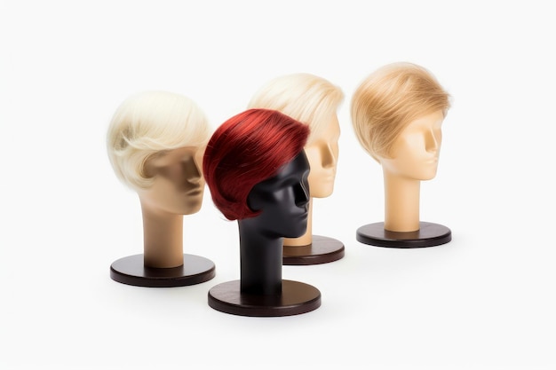 Hair wig over the plastic mannequin head isolated over the white background mockup featuring contemporary men's hairstyles Generative AI illustration