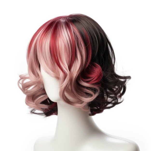 Hair wig over the plastic mannequin head isolated over the white background mockup featuring