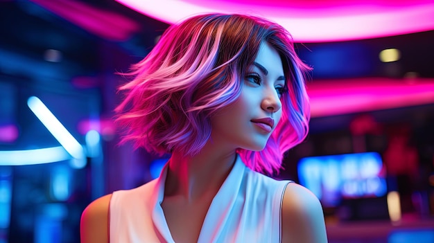 A haircut under the light of neon a modern and fashionable appearance