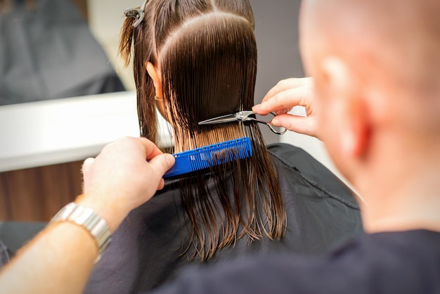 Фото Стрижка длинных мокрых волос молодой кавказской женщины парикмахером-мужчиной в парикмахерской, вид сзади