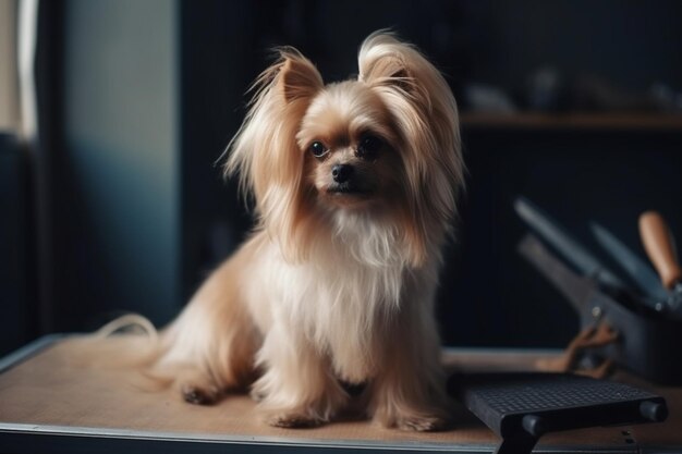 小さい犬が専門家と一緒にテーブルの上に座っています