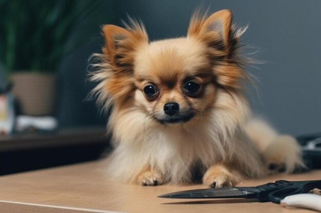 小さい犬が専門家と一緒にテーブルの上に座っています