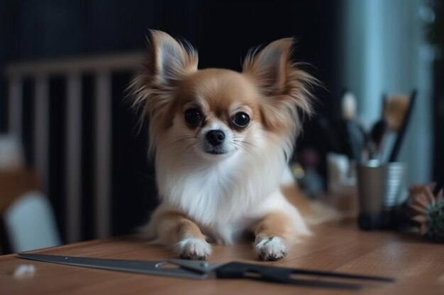 小さい犬が専門家と一緒にテーブルの上に座っています