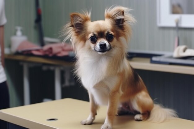 小さい犬が専門家と一緒にテーブルの上に座っています