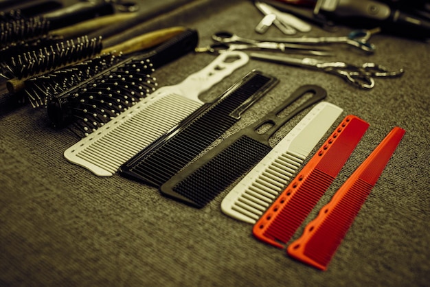 Hairdresser accessories are on the shelf in the salon