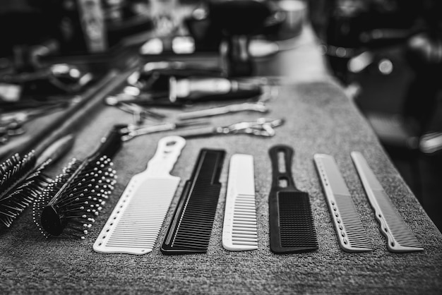 Hairdresser accessories are on the shelf in the salon