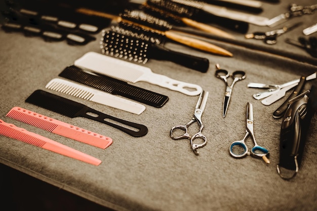 Hairdresser accessories are on the shelf in the salon