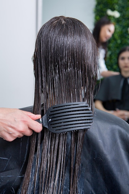 Hairdresser applies a hair mask to straight black hair.