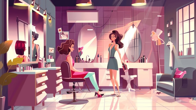 Hairdresser and client in a beauty salon with furniture and equipment Cartoon modern of a female hairdresser in her parlor with armchair and mirror silk for washing hair and sofa cabinet with